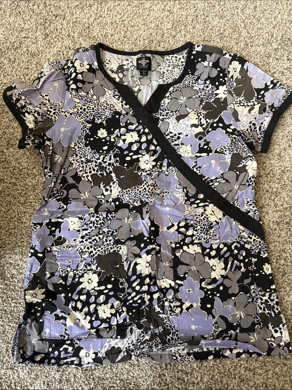 Med Couture Black & Lavender Floral Wrap Scrub Top